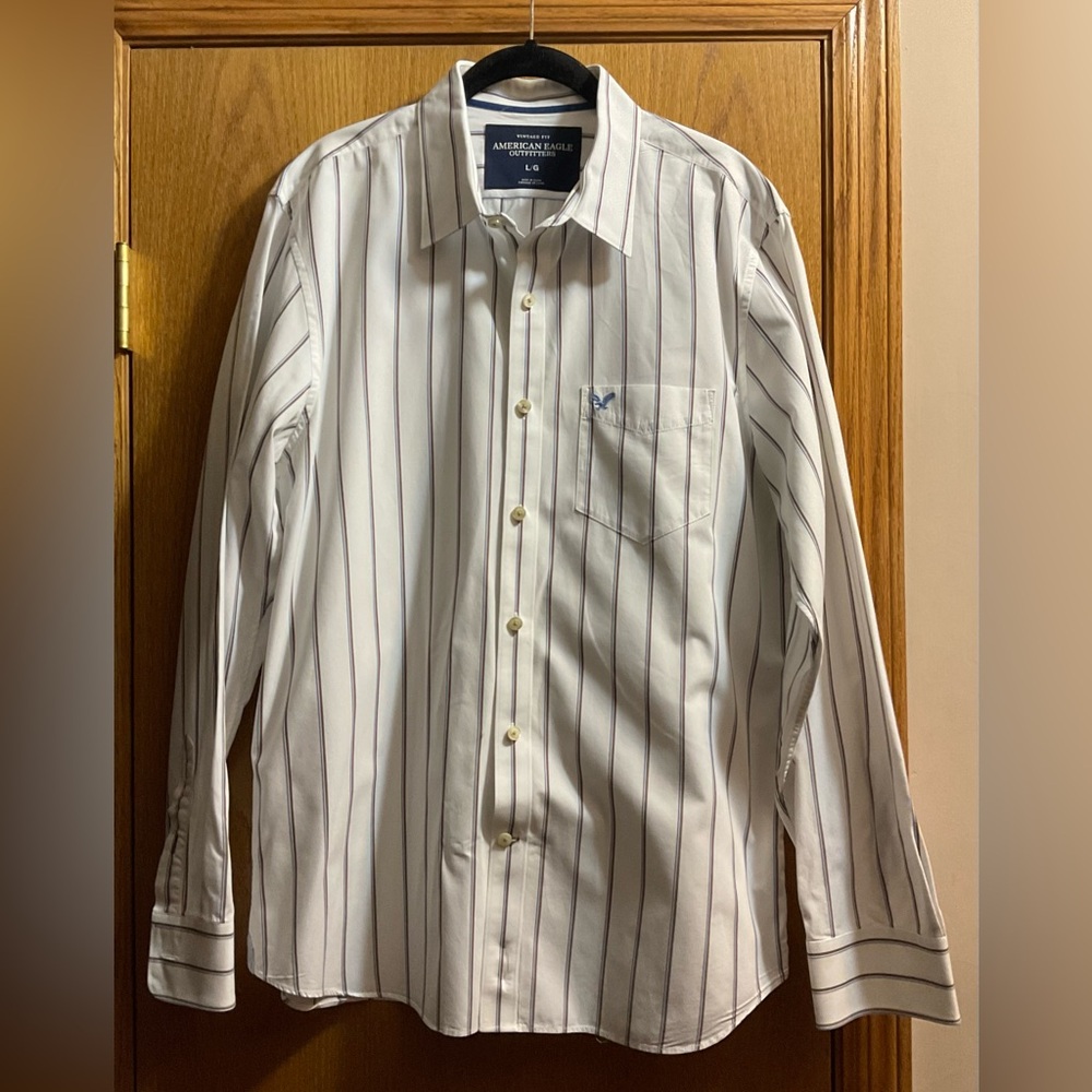 American Eagle Outfitters Men's White Shirt with Blue and Brown Stripes. Pocket